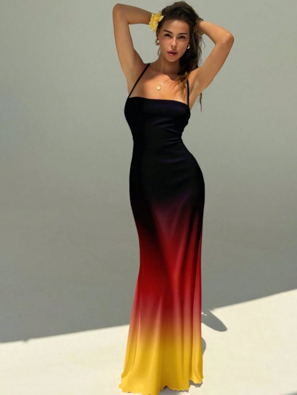 Rebecca Gradient Lace-up Knit Maxi Halter Dress
